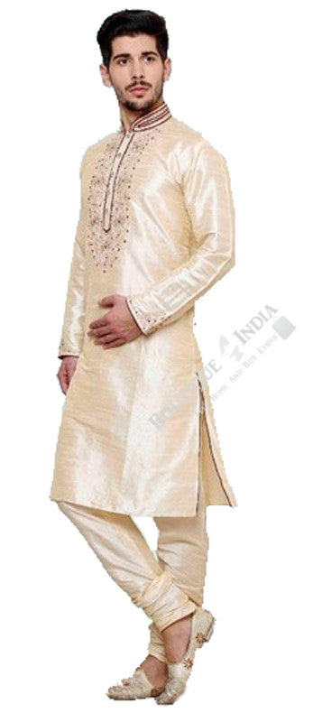 Men's - Cream White and Maroon Kurta Set - Boutique4India Inc.