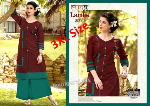 3XL Coffee Cotton 3/4 Kurtis