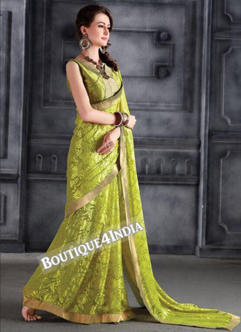 Yellowish green Brasso Party Wear Zari Work Saree