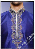 Men's - Royal Blue Silk and Embroidered Kurta - Boutique4India Inc.