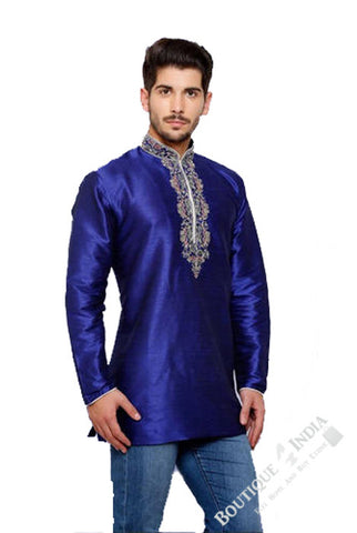 Men's - Royal Blue Silk and Embroidered Kurta - Boutique4India Inc.