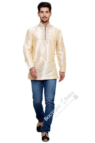 Men's - Cream White Silk and Embroidered Kurta - Boutique4India Inc.