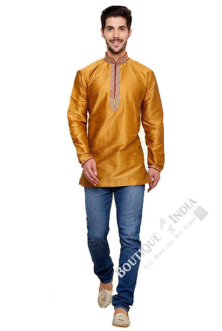 Men's - Golden Yellow Silk and Embroidered Kurta - Boutique4India Inc.