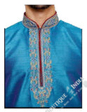 Men's - Sky Blue Silk and Embroidered Kurta - Boutique4India Inc.
