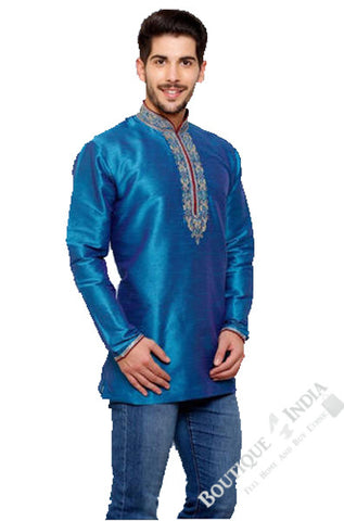 Men's - Sky Blue Silk and Embroidered Kurta - Boutique4India Inc.