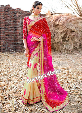 Pink and Peach Georgette Bandhani Print Saree