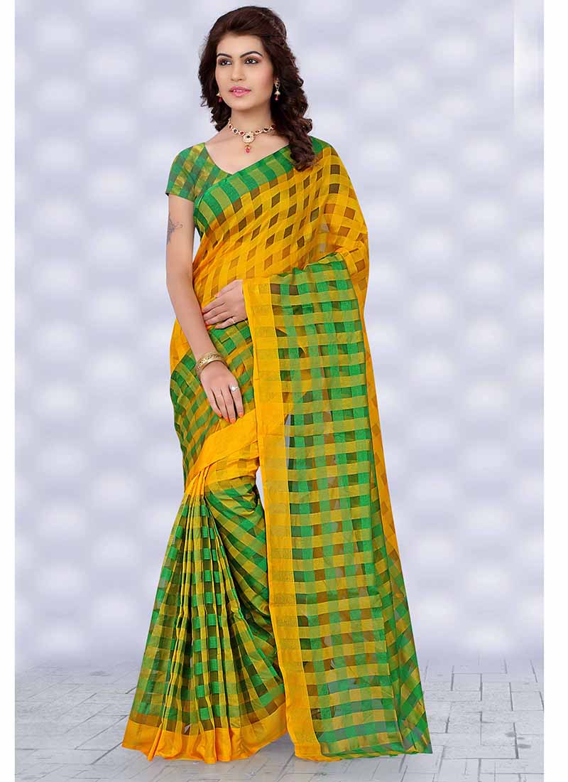 Light Green and yellow checkered tissue printed Saree