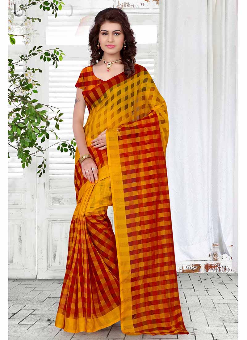 Red and yellow checkered tissue printed Saree