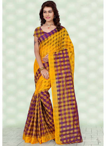 Purple and yellow checkered tissue printed Saree