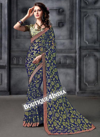 Navy Brasso Party Wear Zari Work Saree