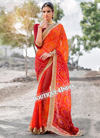 Orange Georgette Bandhani Print Saree