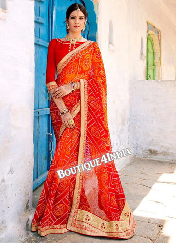 Orange and red Georgette Bandhani Print Saree