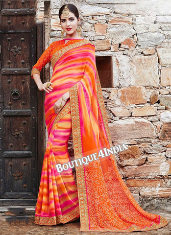 Orange Striped Georgette Bandhani Print Saree