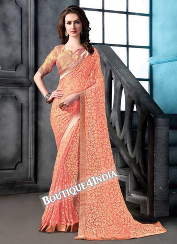 Peach Brasso Party Wear Zari Work Saree