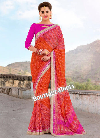 Pink and Orange Georgette Bandhani Print Saree