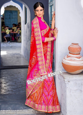 Orange and pink Georgette Bandhani Print Saree