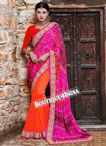 Pink Design Georgette Bandhani Print Saree