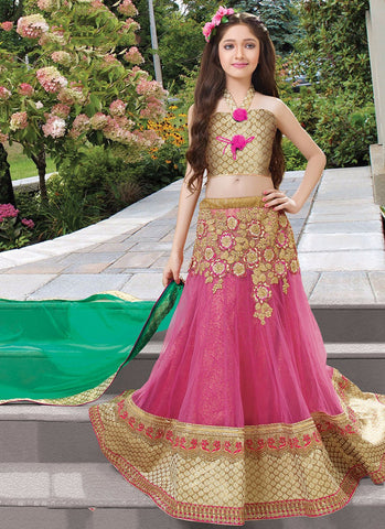 Girl's Pink and gold Net grand Lehenga Choli
