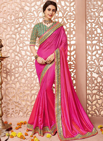 Pink and green Art Silk Party Wear Heavy Embroidered Saree