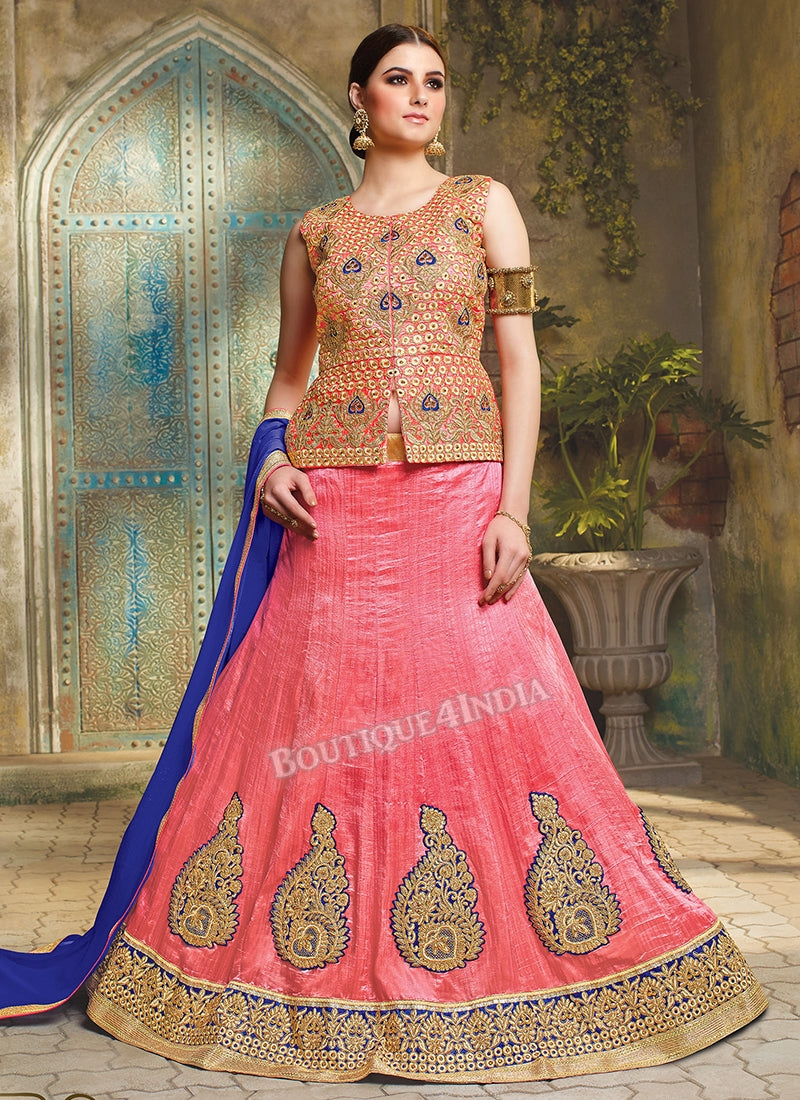 Pink Silk heavy embroidered crop top style Lehenga