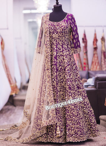 Purple Banglori Silk heavy embroidery work anarkali suit