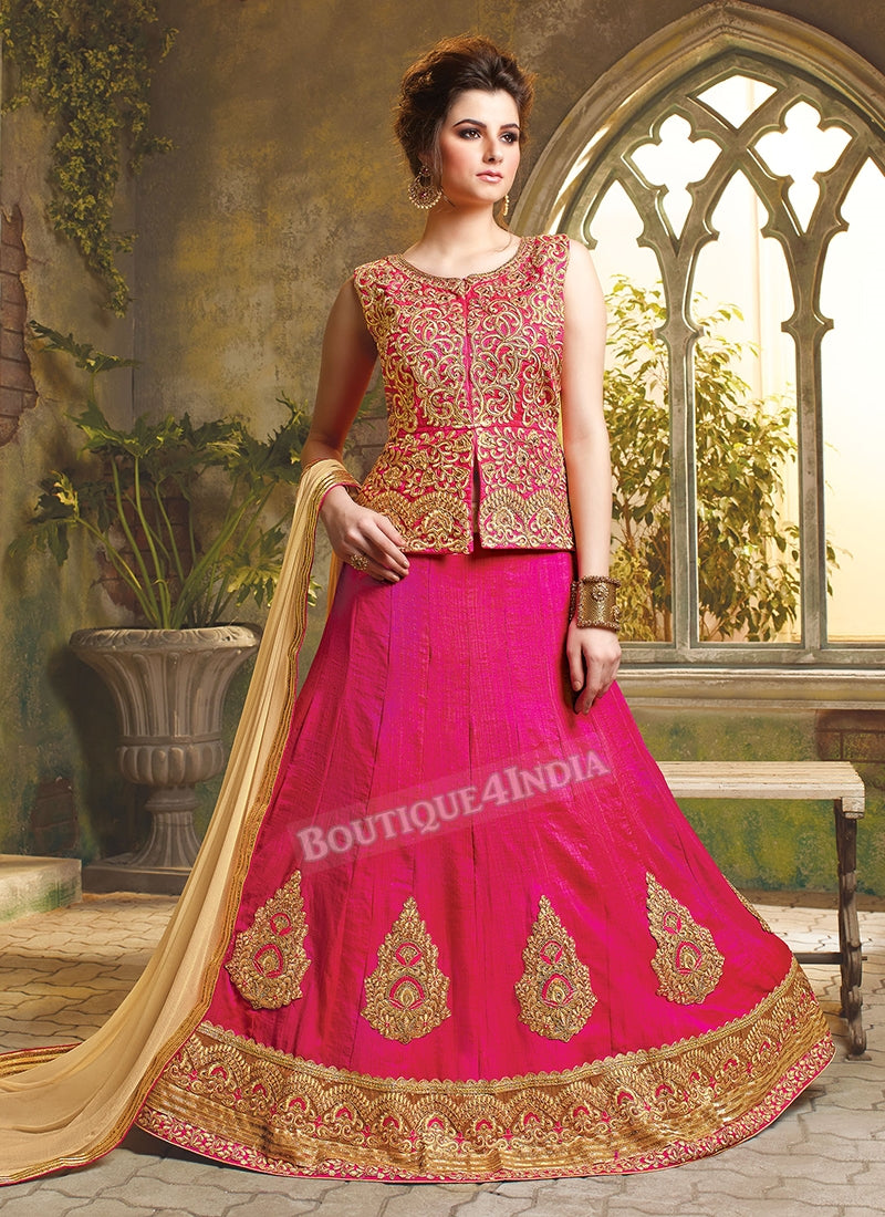 Pink color Silk heavy embroidered crop top style Lehenga
