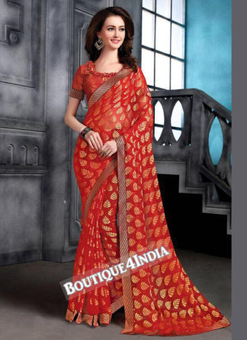 Red Brasso Party Wear Zari Work Saree