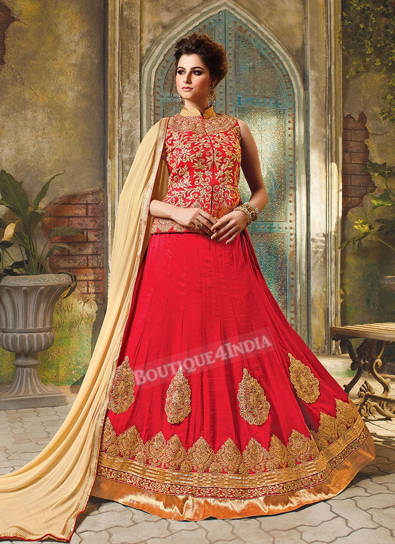 Red Silk heavy embroidered crop top style Lehenga