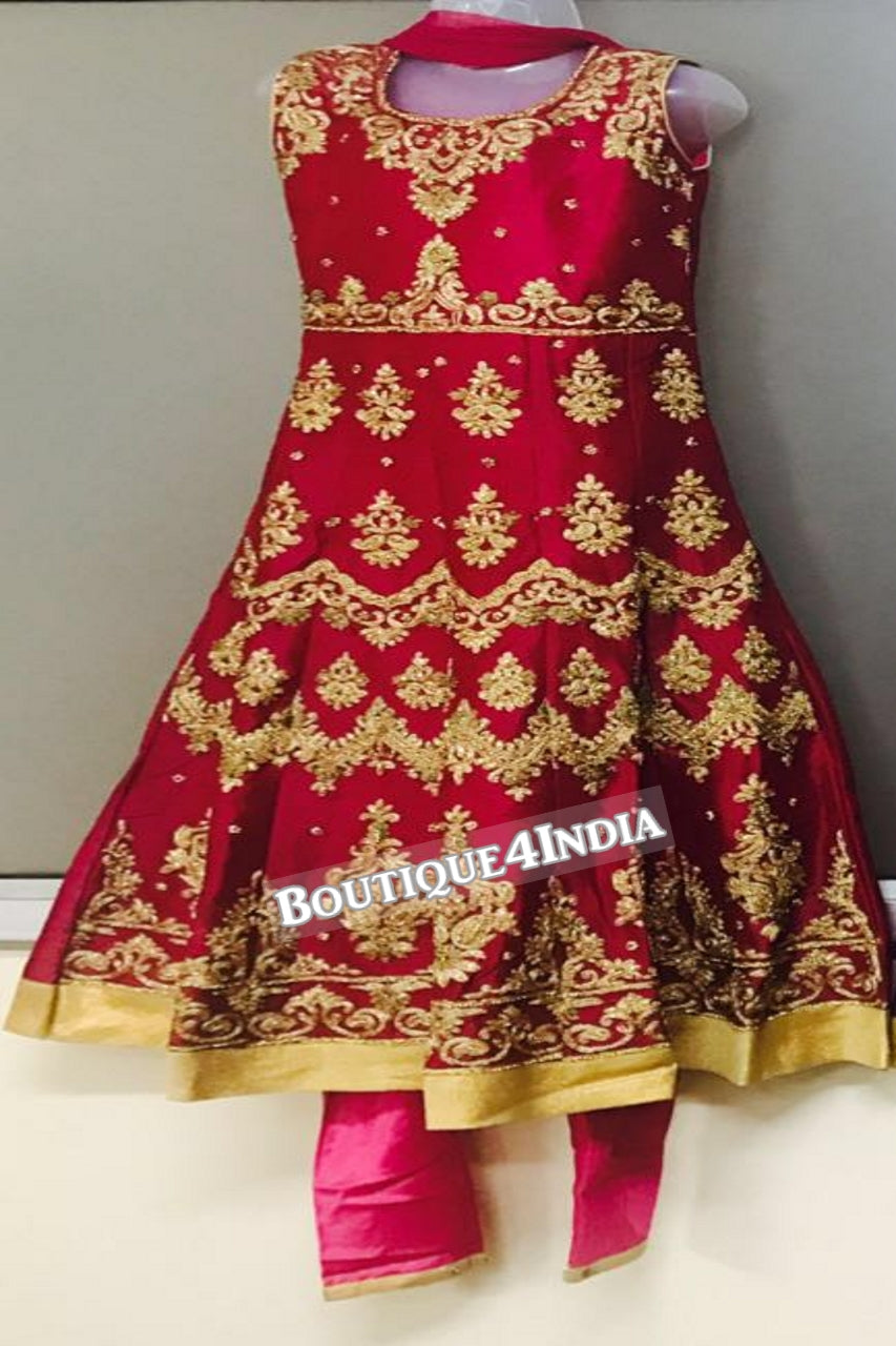 Girls Red heavy embroidered stone work salwar suit
