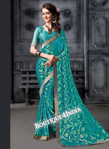 Turquoise Brasso Party Wear Zari Work Saree