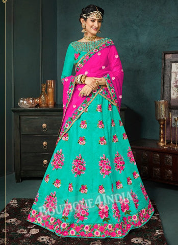 Teal Silk Bridal Embroidered Lehenga