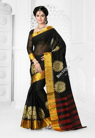 Cotton Silk Casual Saree in Black, Red and Golden - Boutique4India Inc.