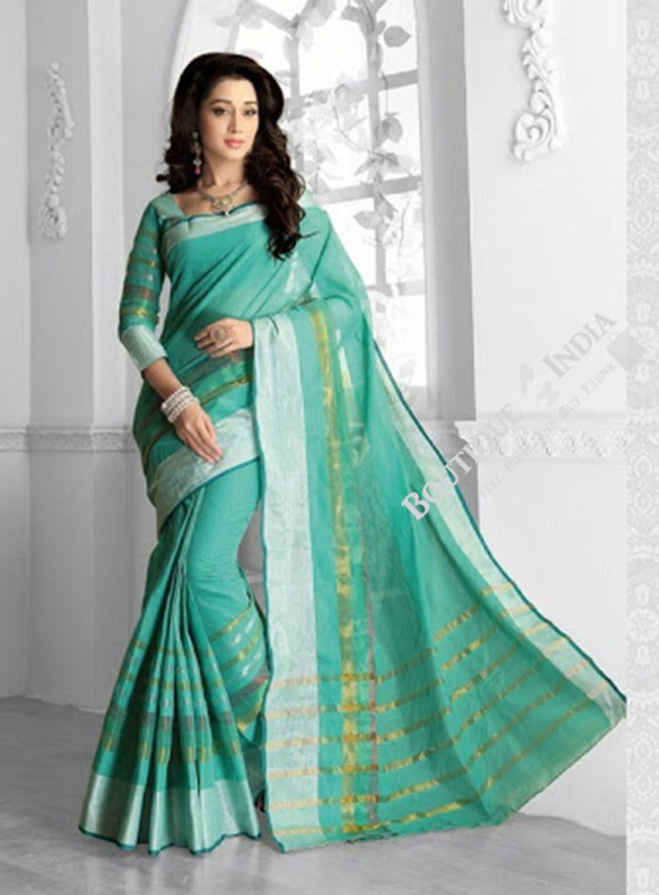 Ravishing Cotton Silk Saree in Turquoise Blue and Golden - Boutique4India Inc.