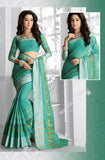 Ravishing Cotton Silk Saree in Turquoise Blue and Golden - Boutique4India Inc.