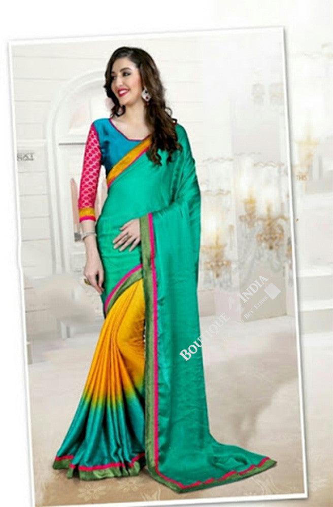 Sarees - Turquoise And Golden Yellow Designer Collections - Reversible Trendy Designer Collections / Wedding / Special Occassions / Festival / Party Wear - Boutique4India Inc.