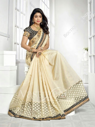 Chiffon Silk and Net Embroidered Saree in Cream and Half White - Boutique4India Inc.
