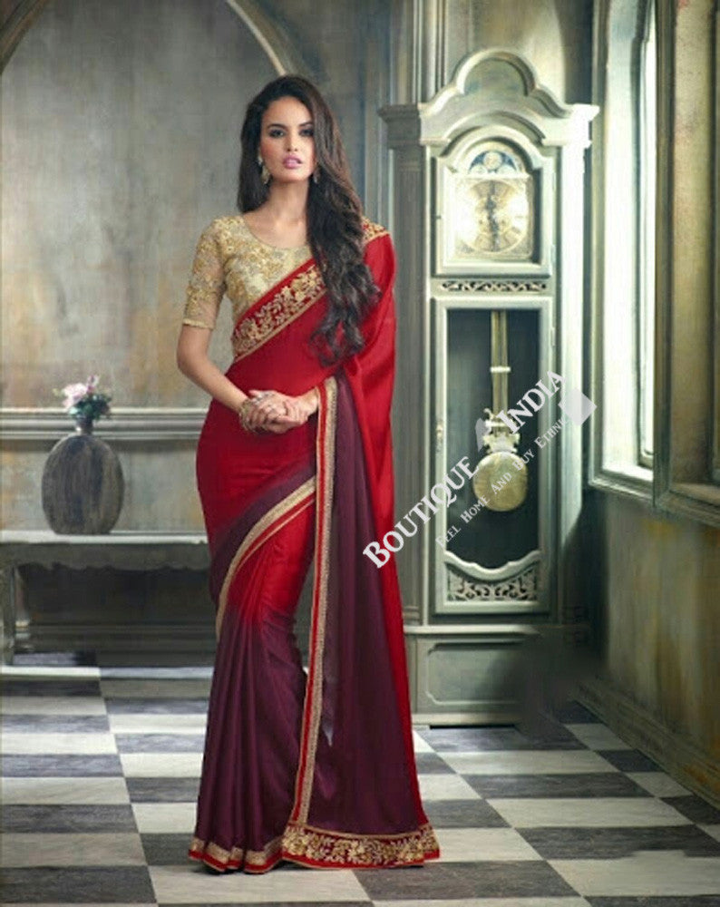 Sarees - Maroon, Purple, Net and Chiffon Embroidered - Boutique4India Inc.