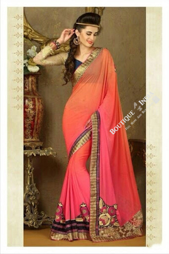 Sarees - Net and Chiffon with Orange, Pink and Purple - Boutique4India Inc.