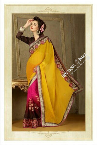Sarees - Net and Chiffon with Yellow/Pink/Maroon and Golden Color - Boutique4India Inc.