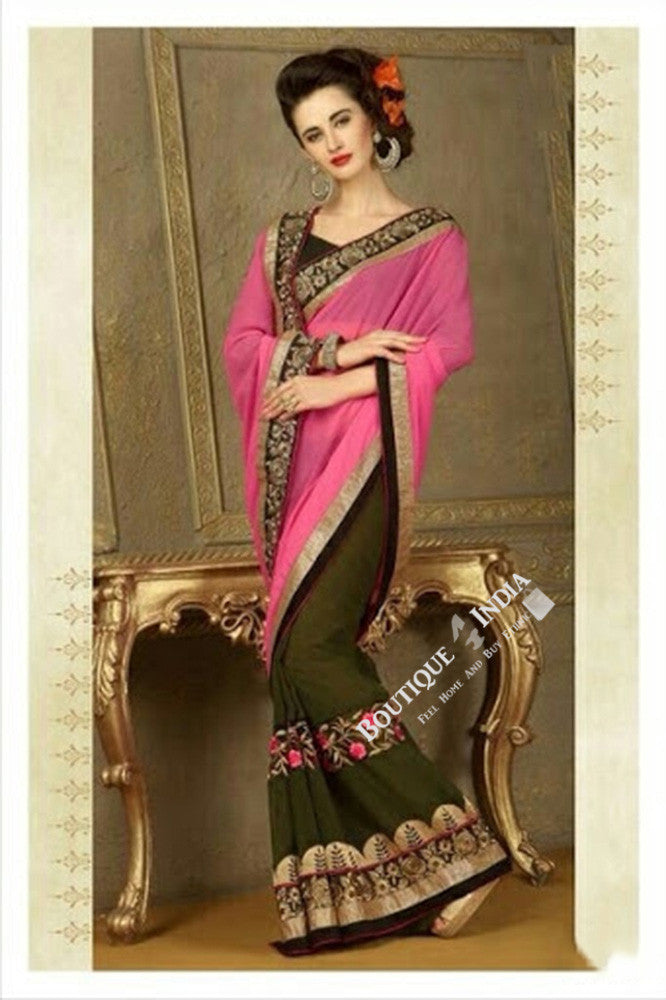 Sarees - Light Pink, Green and Golden Net and Chiffon - Boutique4India Inc.