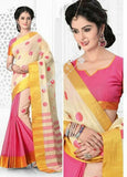Cotton Silk Casual Saree in Pink, Half White, Golden - Boutique4India Inc.