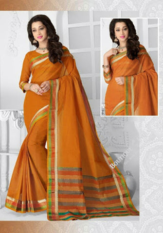 Ravishing Cotton Silk Saree in Orange and Golden - Boutique4India Inc.