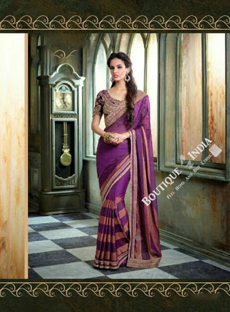 Sarees - Net and Chiffon with Royal Purple and Golden - Boutique4India Inc.