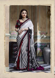 Smooth-textured Net Chiffon Saree in White, Red and Black - Boutique4India Inc.