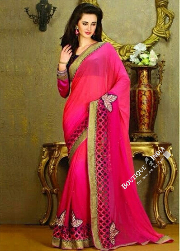 Sarees - Hot Pink and Purple Shade Net and Chiffon - Boutique4India Inc.