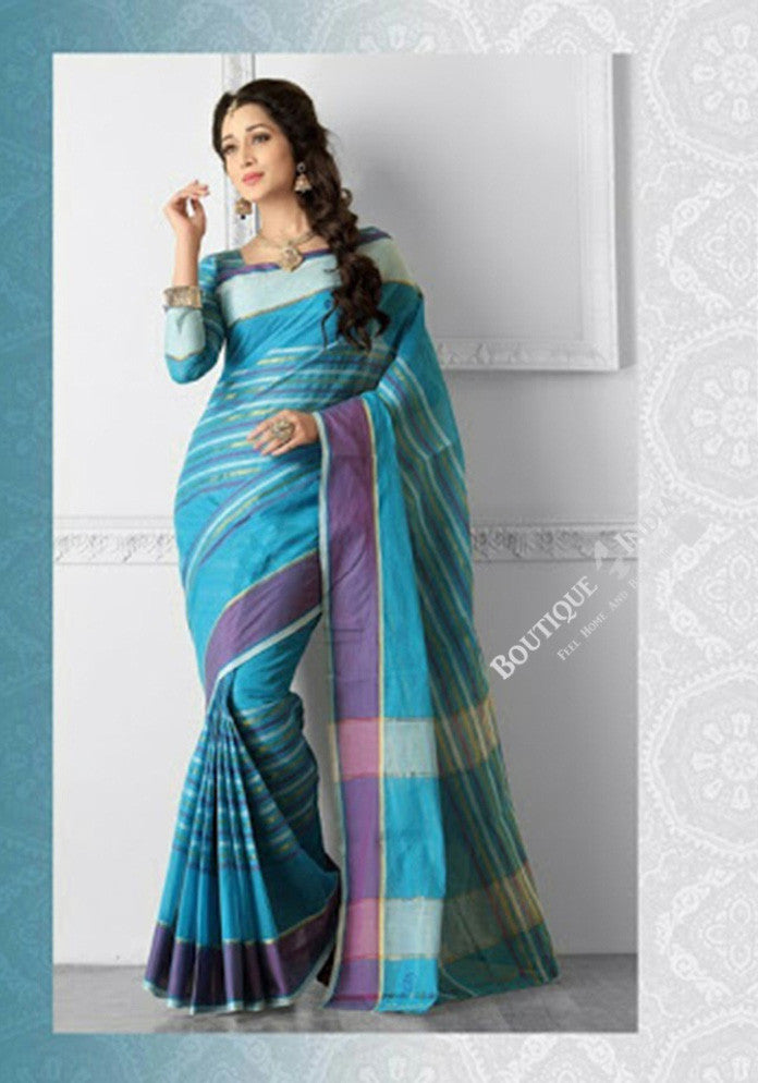 Ravishing Cotton Silk Saree in Different Blue Shades - Boutique4India Inc.