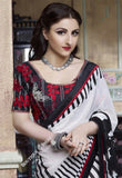 Smooth-textured Net Chiffon Saree in White, Red and Black - Boutique4India Inc.