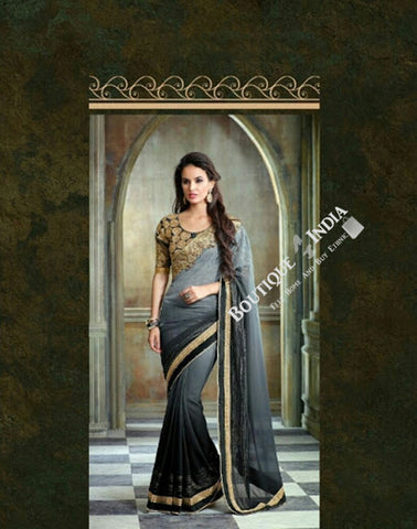 Sarees - Grey, Black And Golden Net and Chiffon - Boutique4India Inc.