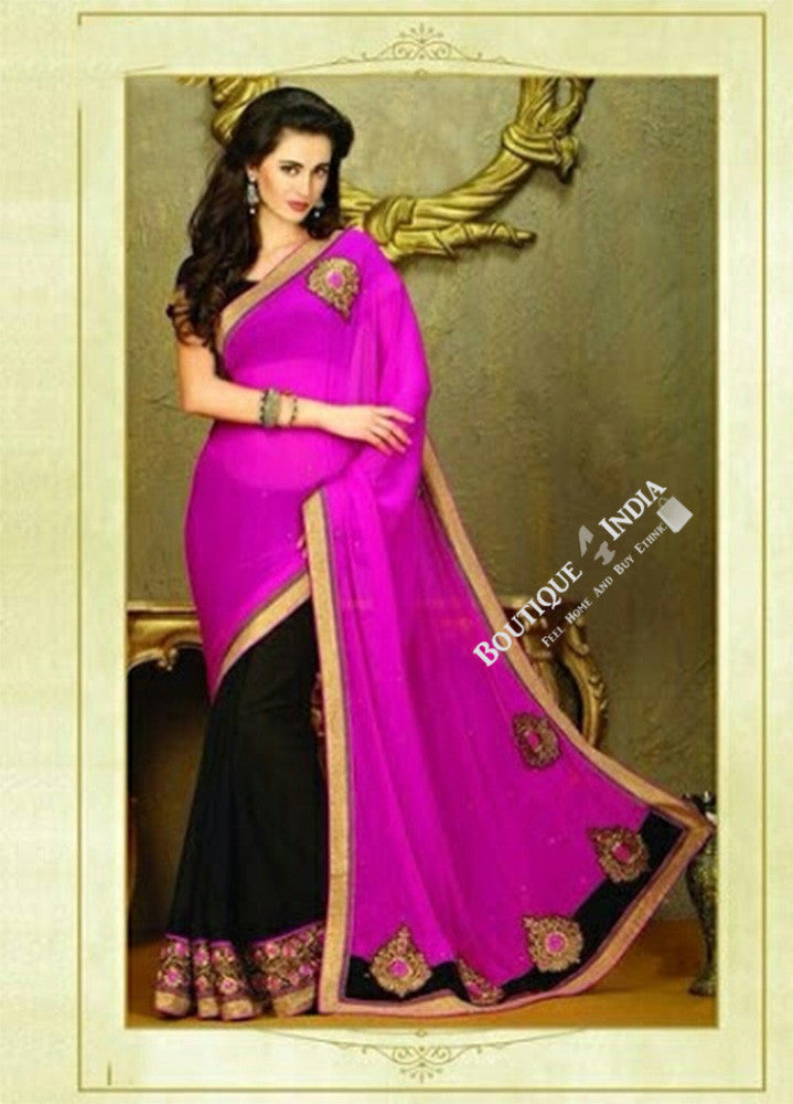 Sarees - Net and Chiffon with Purple And Golden Color - Boutique4India Inc.