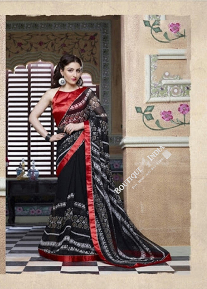 Smooth-textured Net Chiffon Saree in Black and Red - Boutique4India Inc.